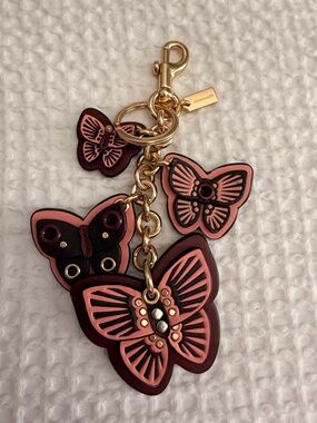 Coach Pink and Black Butterfly Charm Keyring with Gold Hardware